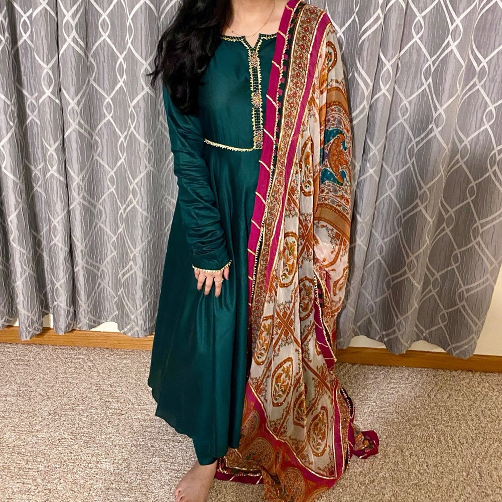 Green Embroidered Dress with Multicolor Dupatta